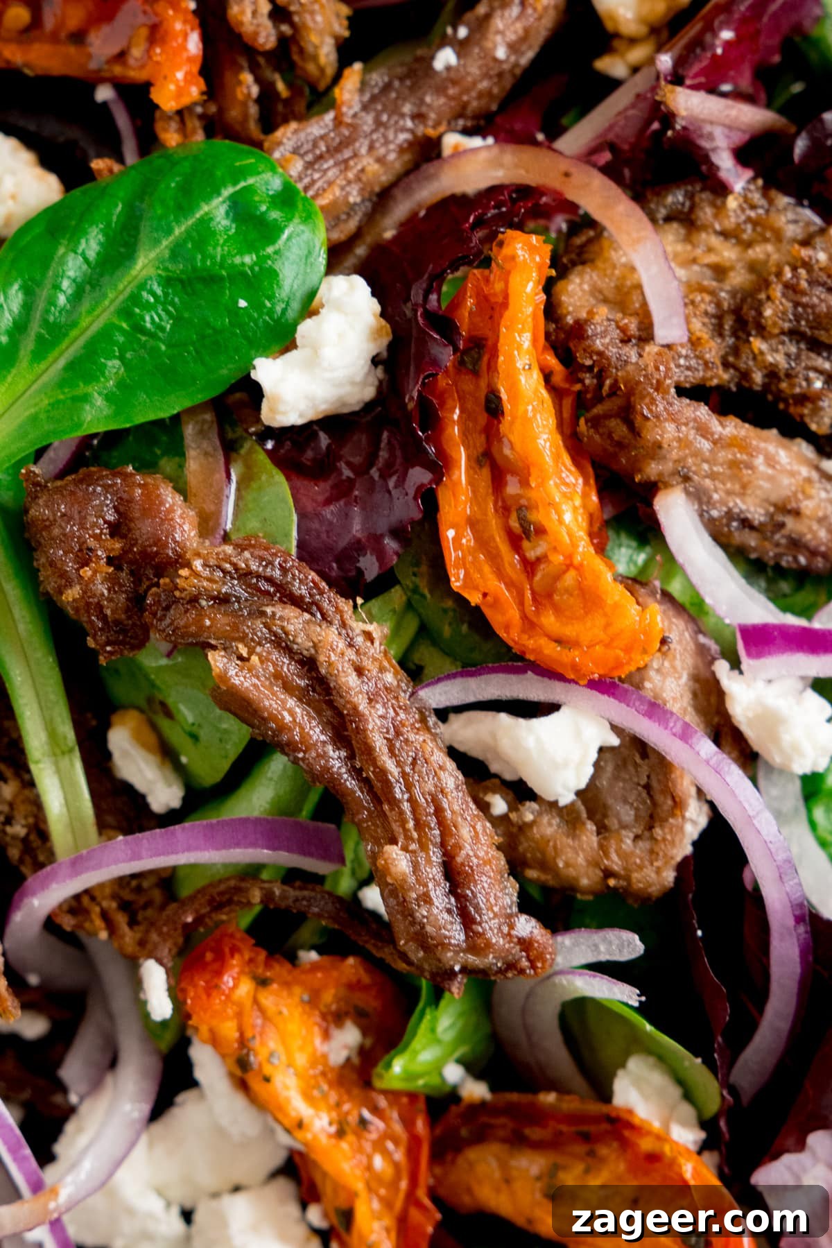 Crispy Lamb Salad with Lemon Mint Dressing 6 Extreme close up of a crispy lamb, feta and red onion salad.