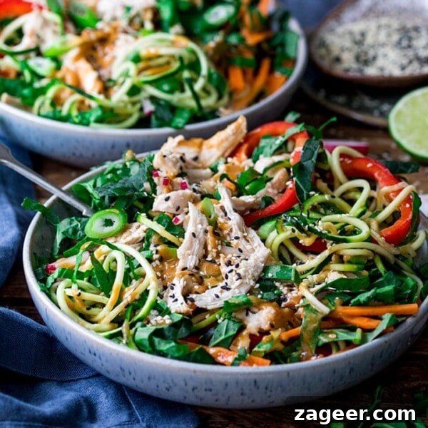 Crispy Lamb Salad with Lemon Mint Dressing 9 square image of chicken zoodle salad with Thai peanut sauce