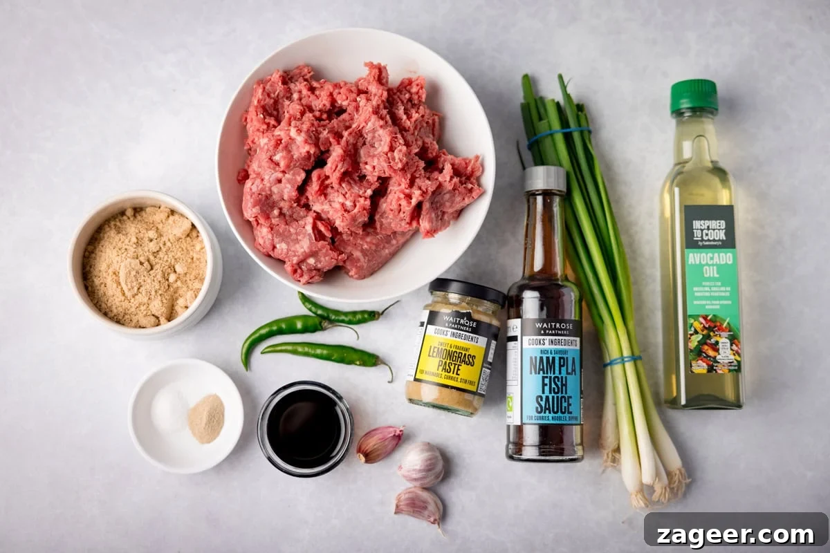 Ingredients for Caramelized minced beef on a light grey background.