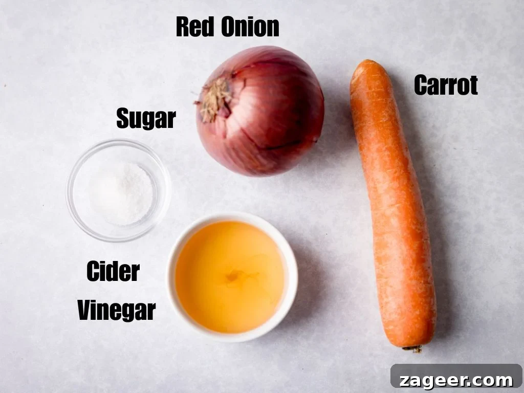 Ingredients for pickled red onion and carrot on a light grey background.