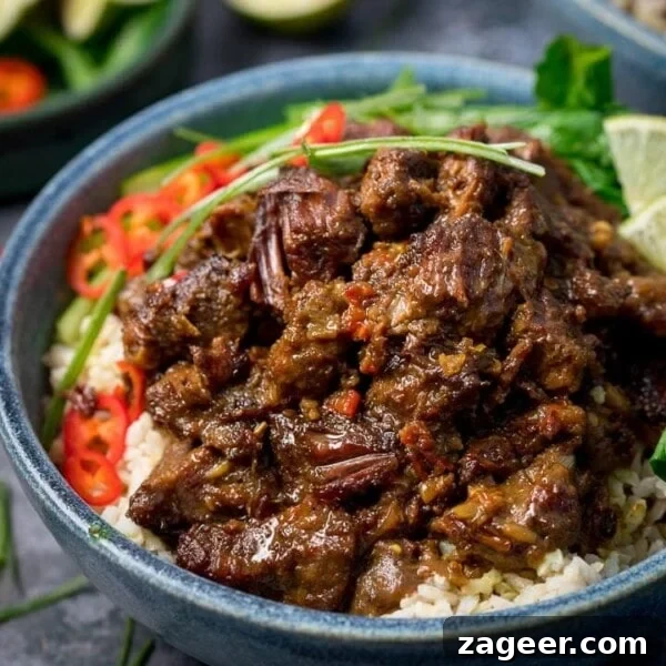 Authentic Thai Beef Massaman Curry Recipe for Home Cooking 13 Beef rendang in a blue bowl with rice, chillies and greens