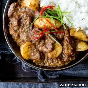 Authentic Thai Beef Massaman Curry Recipe for Home Cooking 8 A bowl of beef massaman curry with rice on a dark background