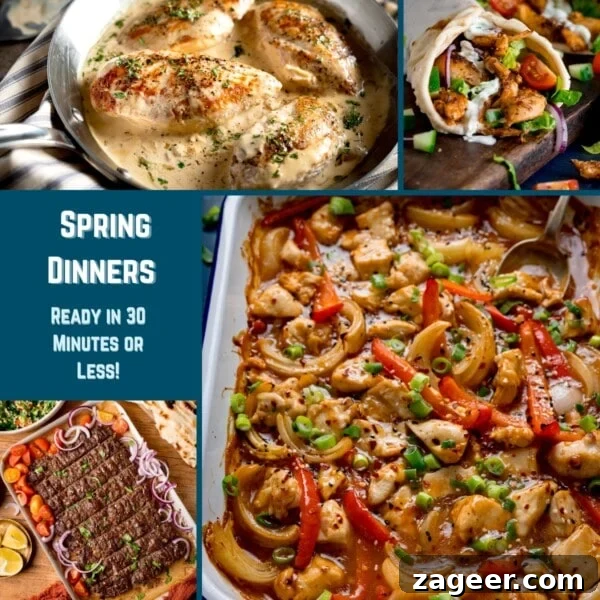 How to Make Soft, Chewy Dough Balls for Any Recipe 9 Collage of various spring dinner dishes, including Tarragon chicken, chicken gyros, Sheet pan kebab, and chicken stir fry traybake.