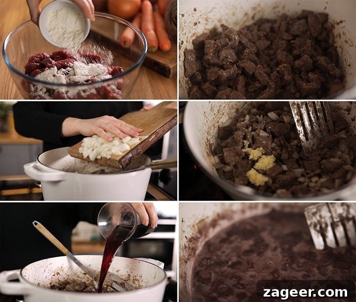 Slow-Cooked Scottish Beef Stew Recipe for Rich, Hearty Flavor 4 6 image collage showing initial process steps for making scottish beef stew