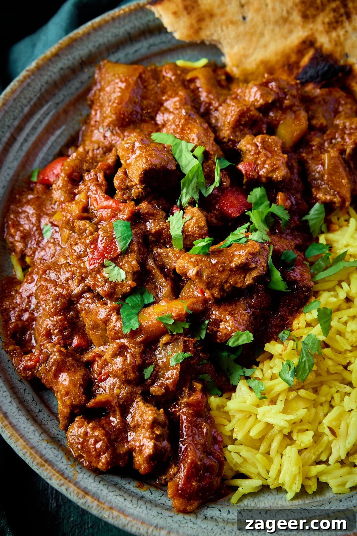 Authentic Lamb Rogan Josh Recipe: Flavorful Kashmiri Curry 2 A tall, closeup image of lamb rogan josh, in a light blue bowl with brown stripes. It is served in a bowl with pilau rice, some flatbread and topped with chopped coriander. This is all set on a teal background.