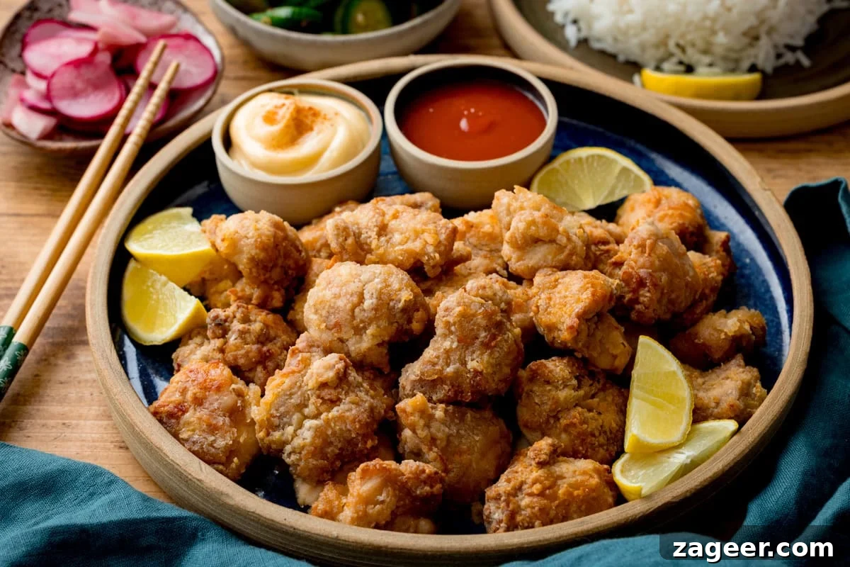 Crispy Air Fryer Chicken Karaage Recipe for Authentic Japanese Flavor 5 A plate of Air Fryer Chicken Karaage with lemon wedges, two dipping sauces, chopsticks, pickled vegetables, and a side of white rice in the background.