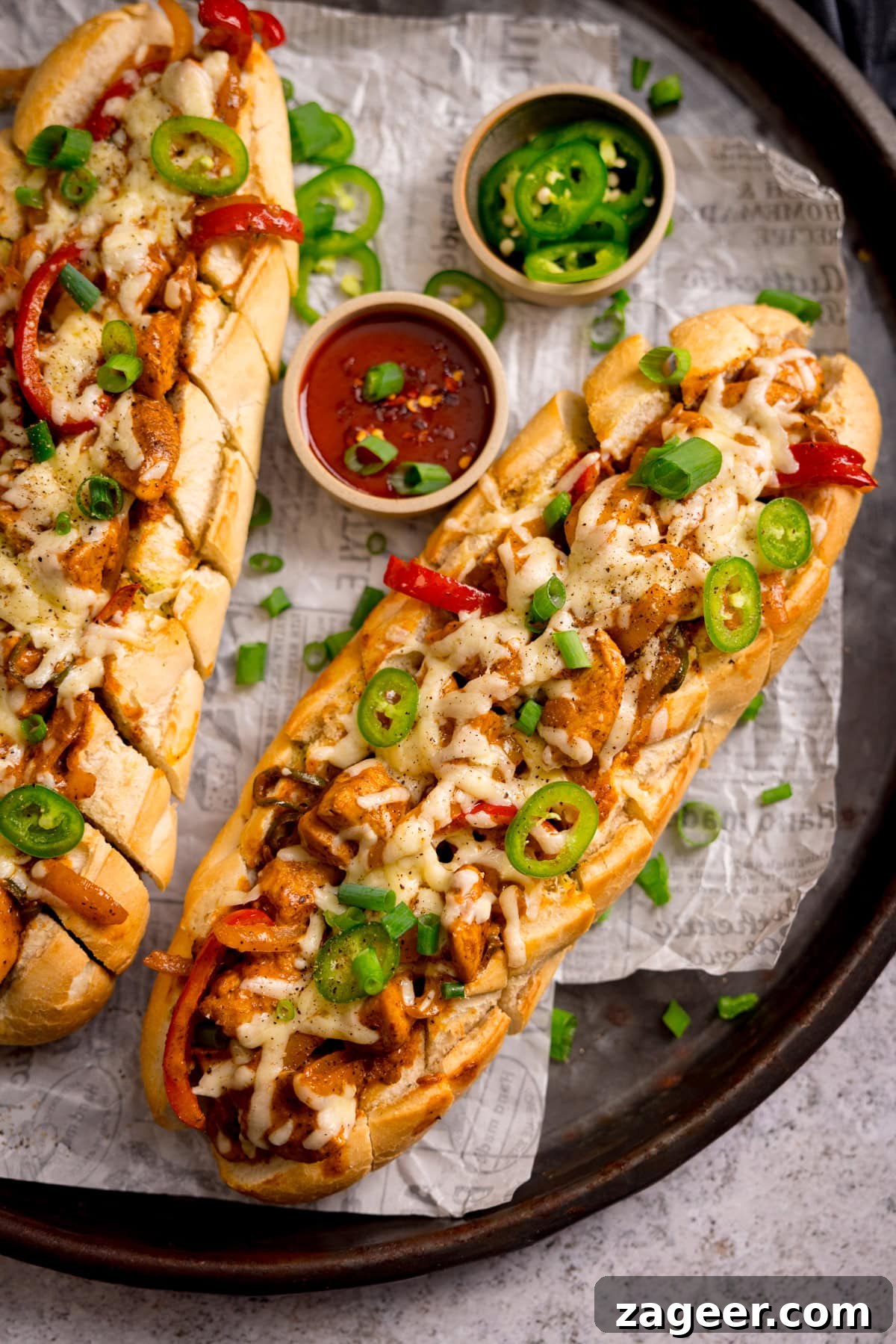 Buffalo Chicken Stuffed Garlic Bread Recipe for Game Day 2 Two loaded Buffalo Chicken Garlic Bread sandwiches topped with melted cheese, sliced jalapeños, spring onions, and red peppers, served on a tray with small bowls of sauce and extra chopped spring onions.