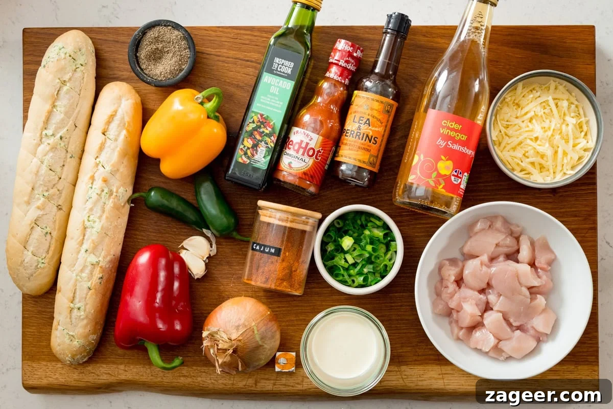 Buffalo Chicken Stuffed Garlic Bread Recipe for Game Day 3 Ingredients for Buffalo Chicken Garlic Bread on a wooden board - including 2 sliced garlic baguettes, peppers, jalapeños, garlic, onion, spring onions, chicken pieces, cheese, seasoning, sauces, cider vinegar, avocado oil and cream.