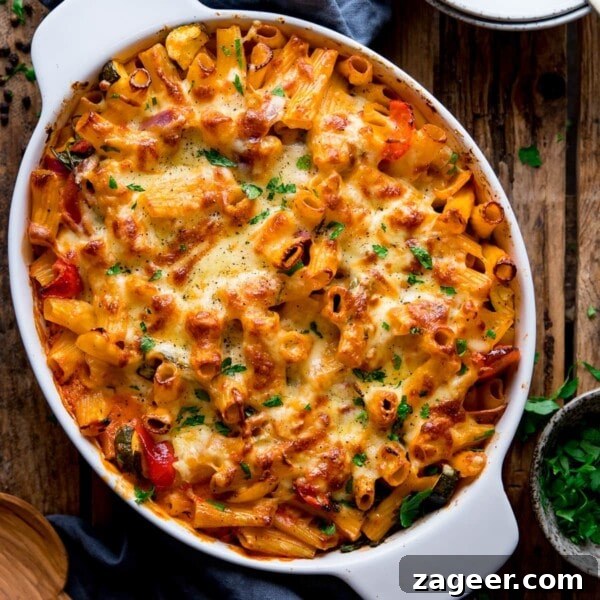 Creamy Tuna Pasta Bake with Cheesy Golden Crust 8 square image of vegetable pasta bake in a white dish