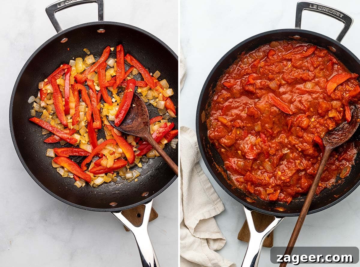 Mexican Shakshuka Recipe: Spicy Southwest Eggs in Tomato Sauce 3 Two image collage showing initial steps of making shakshuka - frying onions and peppers in a pan, then adding the rich tomato sauce to the pan.