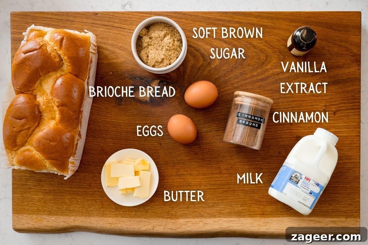 Cinnamon French Toast Recipe: Crispy, Custardy Morning Toast 3 A wooden board displays ingredients for the best French toast recipe—brioche bread, eggs, soft brown sugar, vanilla essence, cinnamon, milk, and butter—each labelled with text.