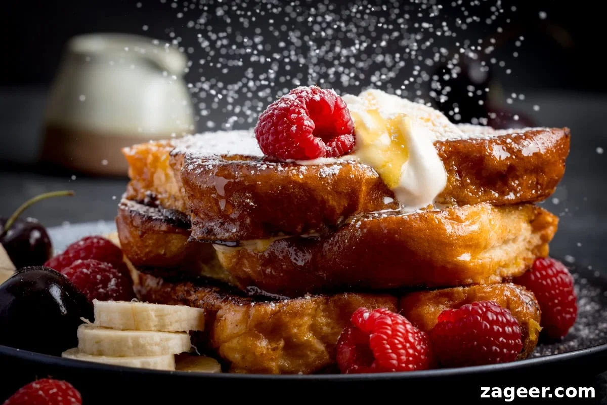 Cinnamon French Toast Recipe: Crispy, Custardy Morning Toast 6 Close-up of caramelised French toast slices topped with whipped cream, raspberries, banana slices, and icing sugar being sprinkled, served on a black plate.