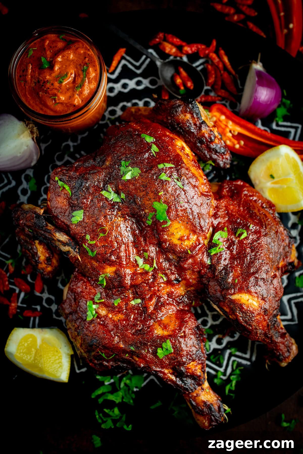 Peri Peri butterflied chicken garnished with chopped herbs, served with lemon wedges, red onion, chilli peppers, and a jar of peri peri sauce on dark serving plate