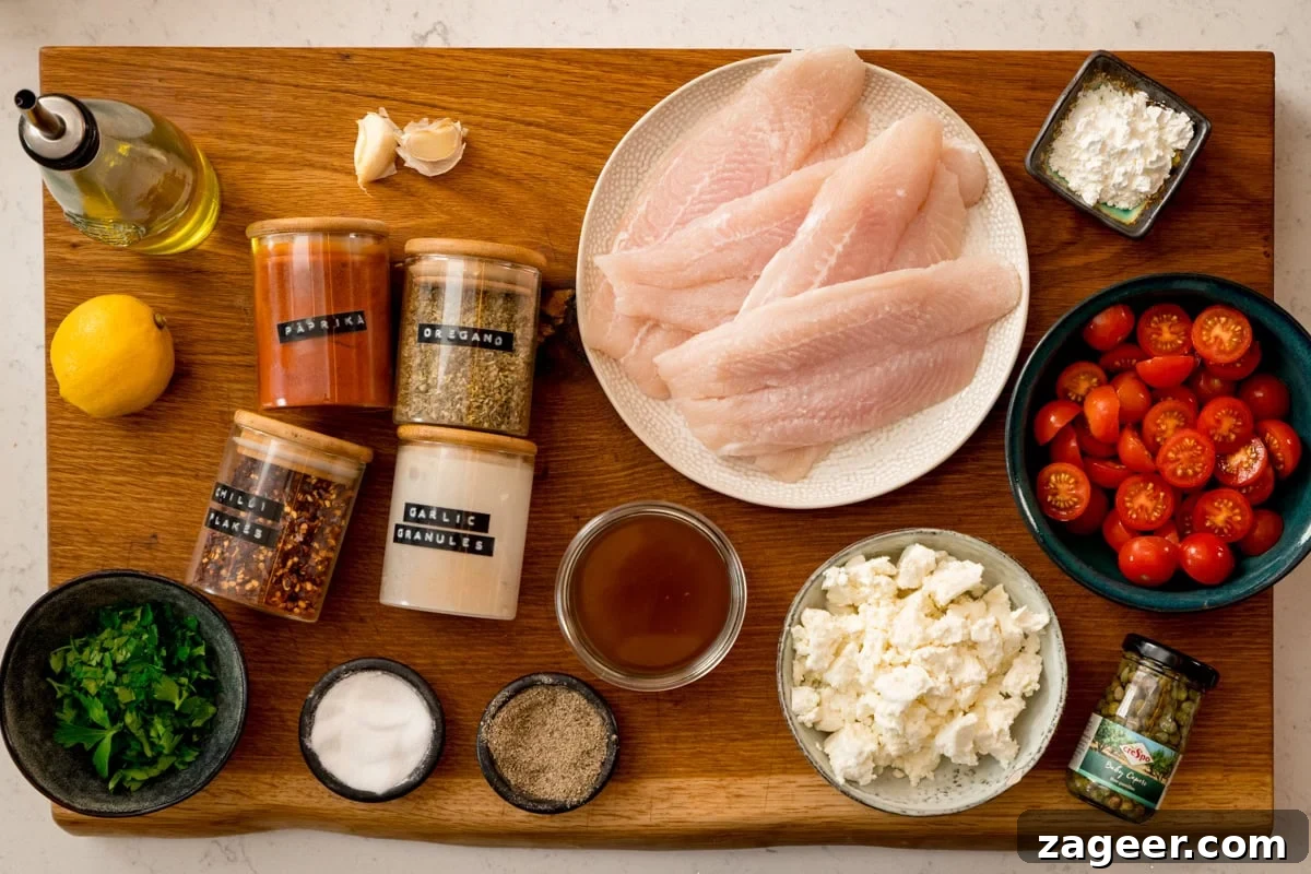 Lemon-Feta Baked Fish Recipe for Flaky, Flavorful Fillets 3 A wooden board displays ingredients for Baked Fish with Lemon and Feta—raw fish fillets, cherry tomatoes, feta cheese, parsley, seasonings, olive oil, lemon, garlic, and spices.