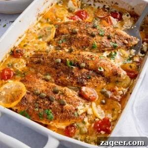 Lemon-Feta Baked Fish Recipe for Flaky, Flavorful Fillets 5 Baked fish in lemon sauce with cherry tomatoes, capers, and herbs in a creamy dressing.