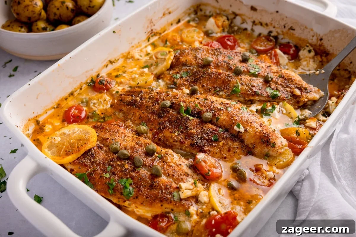 Lemon-Feta Baked Fish Recipe for Flaky, Flavorful Fillets 6 Baked fish fillets in a creamy sauce with capers, lemon slices, cherry tomatoes, and herbs, served in a white casserole dish. A bowl of potatoes can be seen nearby.
