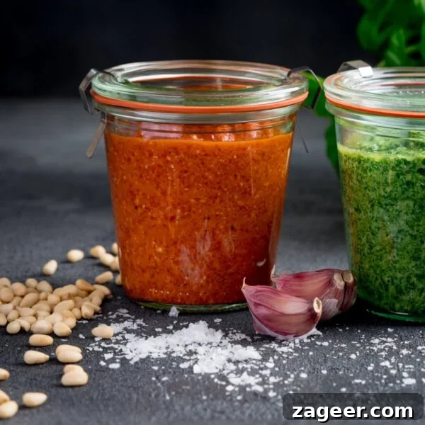 Red Pepper and Lentil Sauce Recipe for Pasta and Veggies 6 Two glass jars, one with roasted red pepper pesto and another with green pesto.