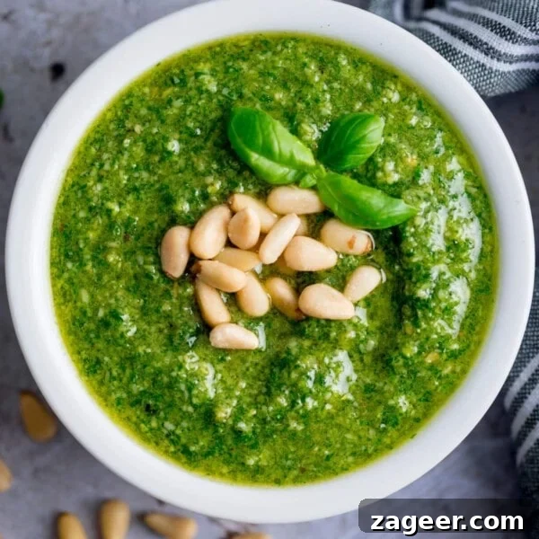 Red Pepper and Lentil Sauce Recipe for Pasta and Veggies 8 Bowl of homemade pesto topped with pine nuts and basil leaves.