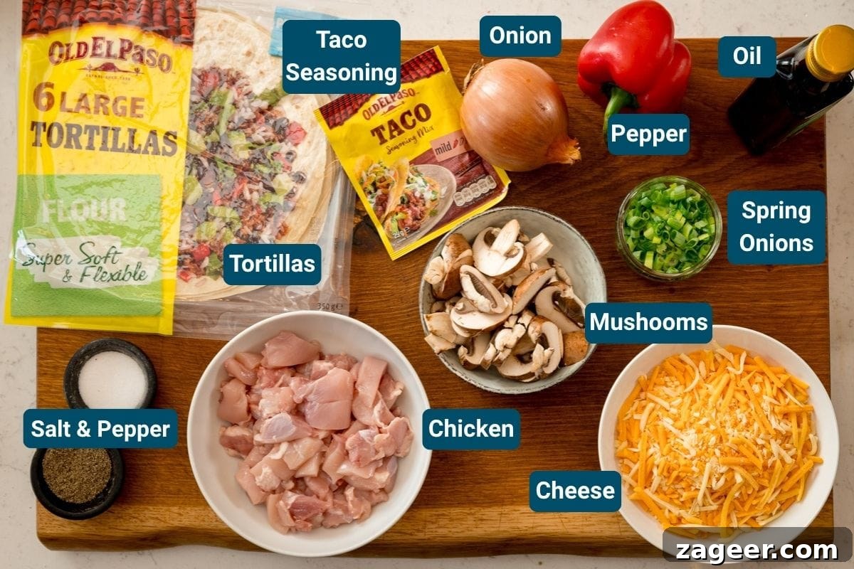 A wooden board displays labelled ingredients for a Chicken Quesadilla, including tortillas, chicken, cheese, mushrooms, onion, pepper, spring onions, taco seasoning, salt, and oil.