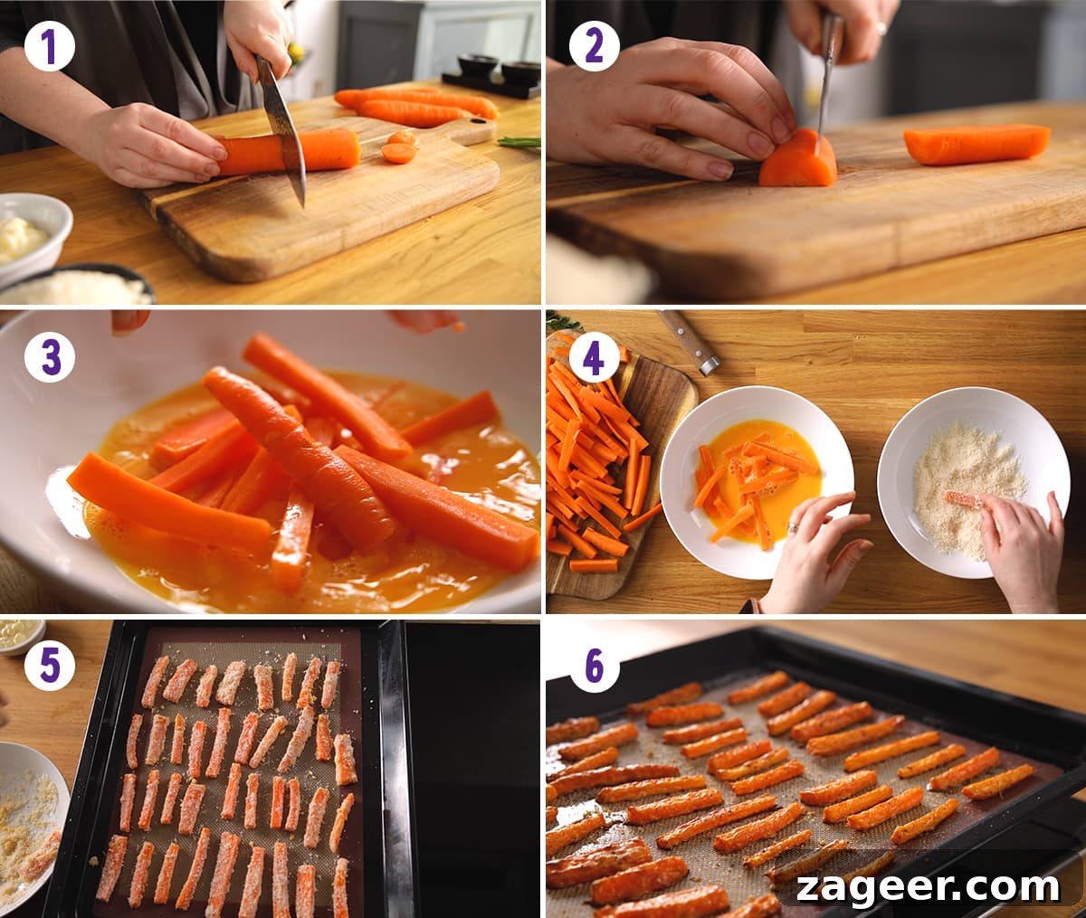 Crispy Baked Parmesan Carrot Fries Recipe 4 6 image collage showing how to make carrot fries