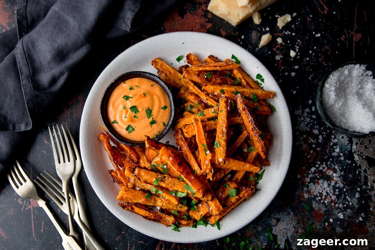 Crispy Baked Parmesan Carrot Fries Recipe 8 wide image of carrots fries and dip on a white plate with forks next to the plate