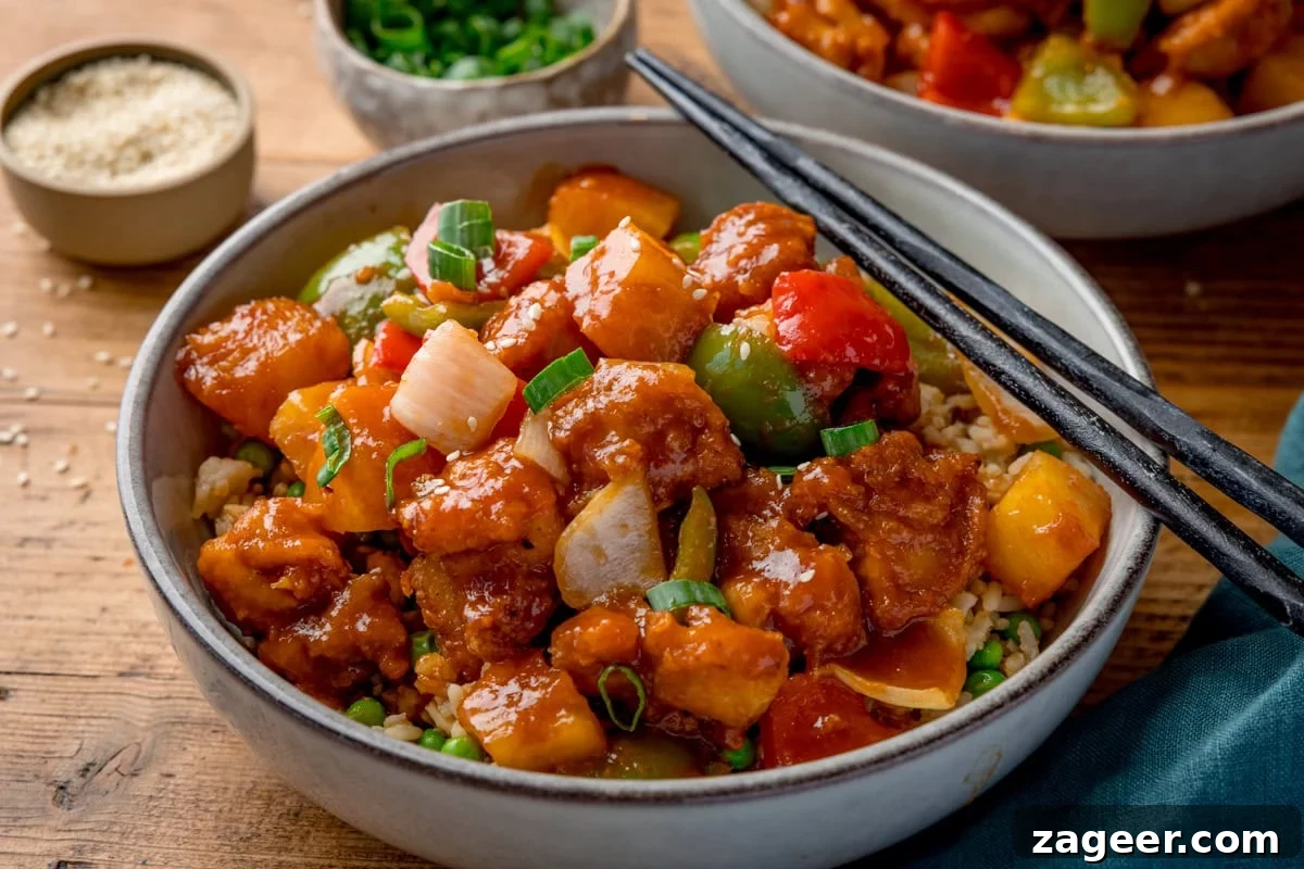 Crispy Air Fryer Sweet and Sour Chicken Recipe 7 Wide side-on image of a bowl of sweet and sour chicken with chunks of onion, red & green peppers and pineapple in sauce. The bowl is on a wooden surface and a pair of black chopsticks rest on the bowl. A further bowl of sweet and sour chicken is partly in shot at the top of the frame. Small bowls of chopped green onion and sesame seeds are nearby.