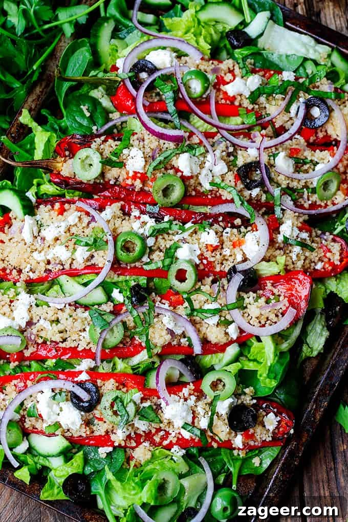 Roasted Romano Peppers Stuffed with Feta and Couscous 2 Couscous and Feta Stuffed Peppers - Serve them as a light lunch or side dish.