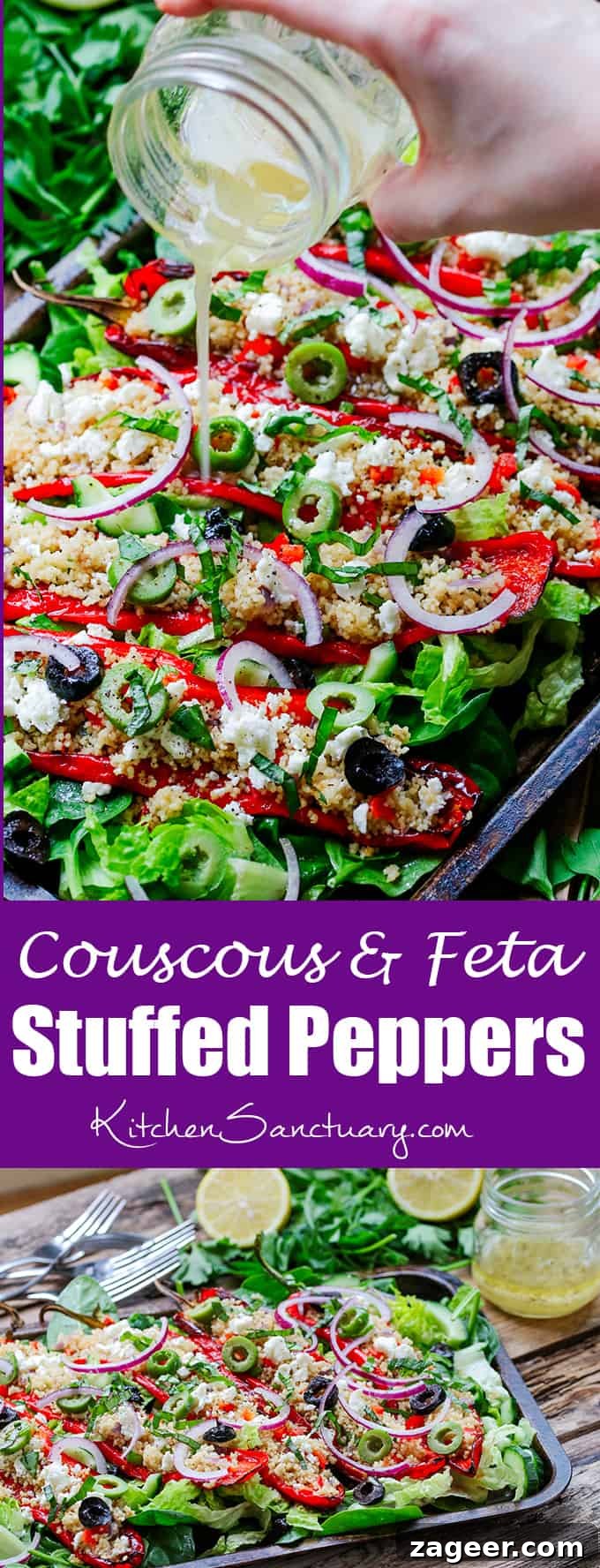Roasted Romano Peppers Stuffed with Feta and Couscous 6 Couscous and Feta Stuffed Peppers - Serve them as a light lunch or side dish. Also great for serving at your BBQ party!