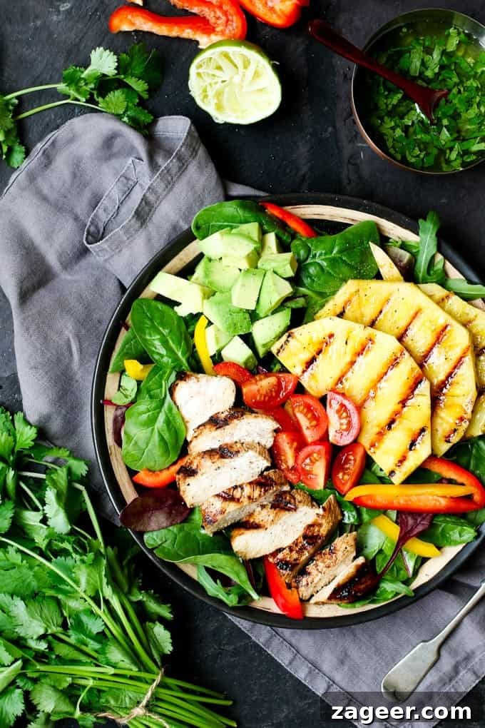 Hawaiian Chicken Salad with Cilantro-Lime Vinaigrette 2 Hawaiian Chicken Salad - piles of fresh veg, grilled pineapple and a deliciously zingy vinaigrette!