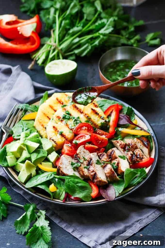 Hawaiian Chicken Salad with Cilantro-Lime Vinaigrette 3 Hawaiian Chicken Salad - piles of fresh veg, grilled pineapple and a deliciously zingy vinaigrette!