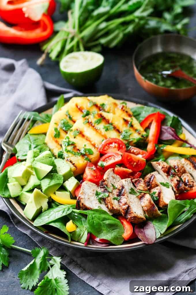 Hawaiian Chicken Salad with Cilantro-Lime Vinaigrette 4 Hawaiian Chicken Salad - piles of fresh veg, grilled pineapple and a deliciously zingy vinaigrette!