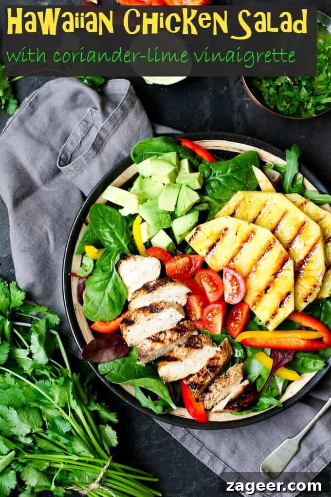 Hawaiian Chicken Salad with Cilantro-Lime Vinaigrette 7 Hawaiian Chicken Salad - piles of fresh veg, grilled pineapple and a deliciously zingy vinaigrette!