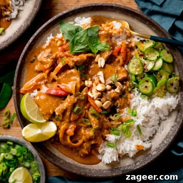 Homemade Thai Yellow Curry with Fish Recipe 5 A plate of rice topped with creamy Beef Panang Curry.