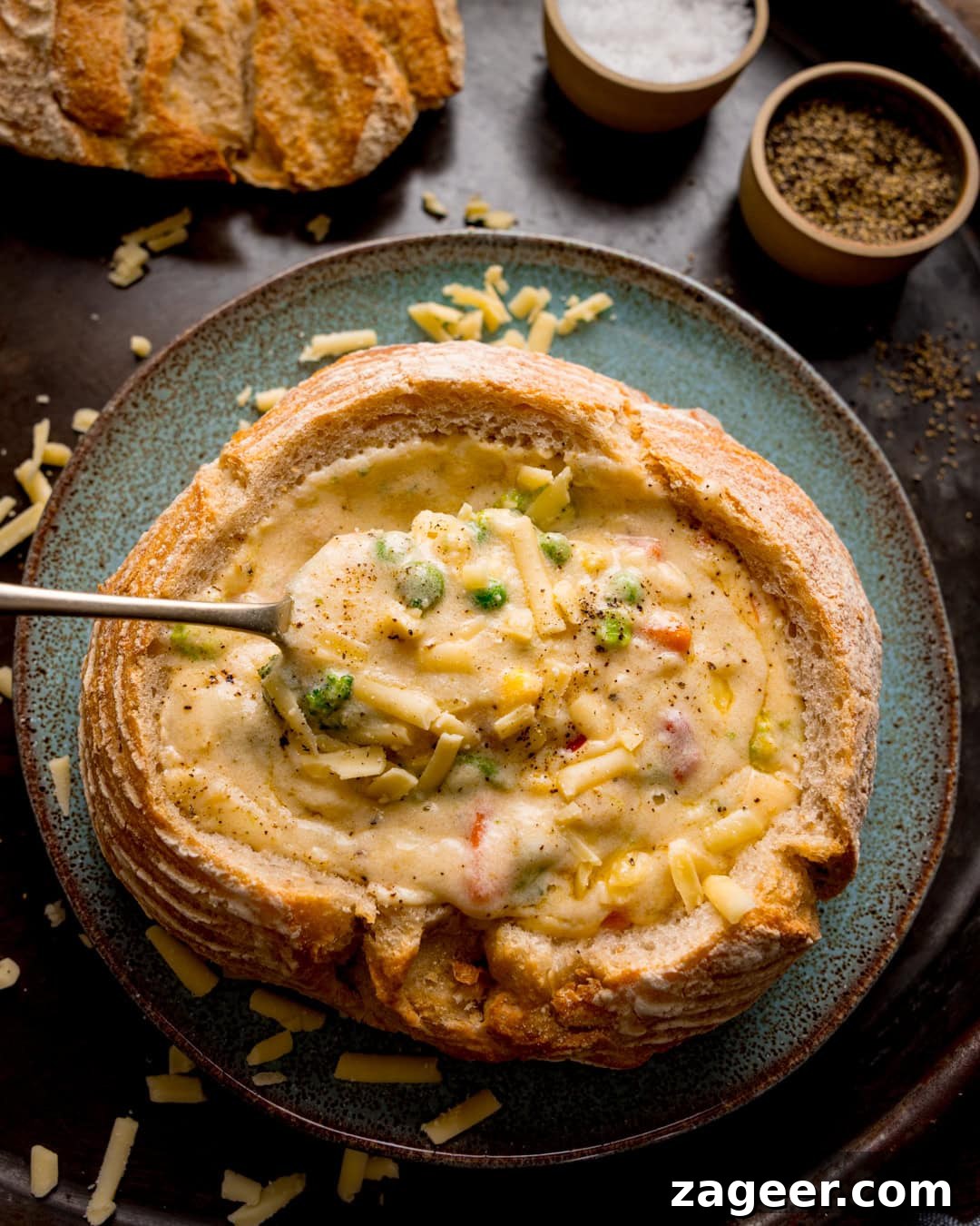 Cheddar and Vegetable Chowder Recipe with Creamy Veggies 2 A bread bowl filled with creamy cheddar vegetable soup, topped with grated cheese, served on a plate with a spoon and seasoning dishes nearby.