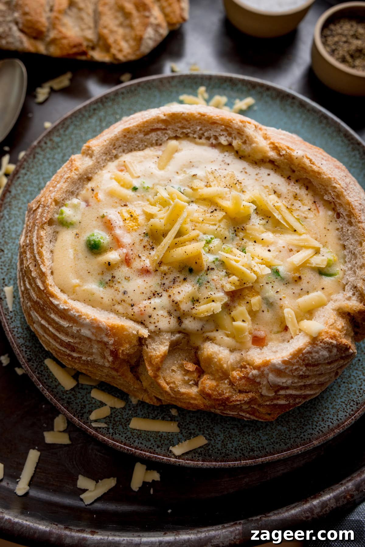 Cheddar and Vegetable Chowder Recipe with Creamy Veggies 6 Tall overhead image of a bread bowl filled with creamy vegetable chowder, topped with grated cheddar and ground pepper, on a blue plate with scattered cheese pieces around.