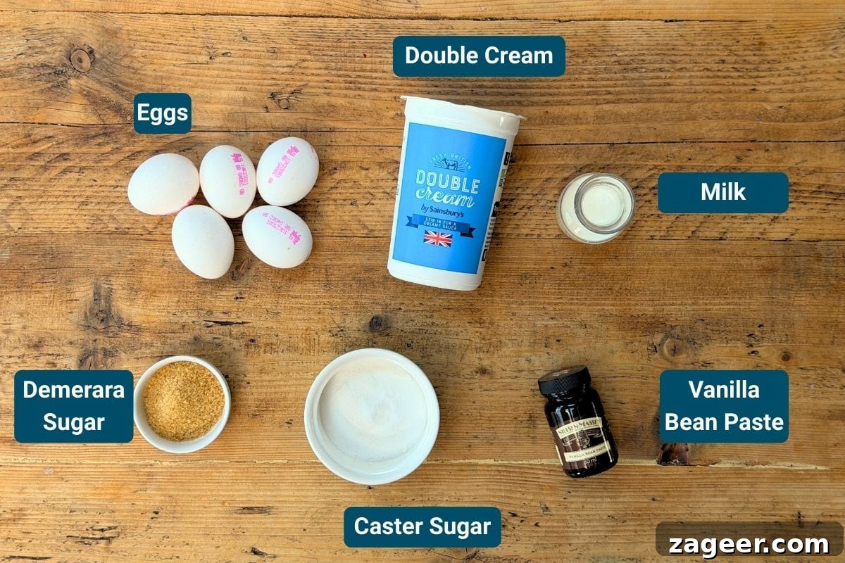 Classic Crème Brûlée Recipe: Silky Custard with Caramelized Sugar 4 Ingredients for a creme brulee dessert recipe including eggs, double cream, milk, Demerara sugar, caster sugar, and vanilla bean paste on a wooden surface.