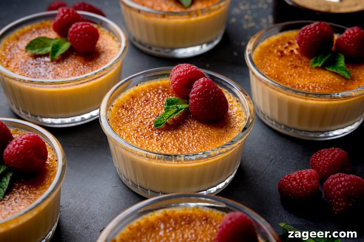 Classic Crème Brûlée Recipe: Silky Custard with Caramelized Sugar 9 Small glass ramekins of crème brûlée are topped with raspberries and mint leaves, arranged on a dark surface.
