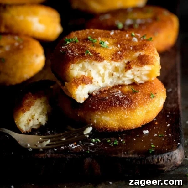 Crispy Tuna Fish Cakes with Lemon-Dill Sauce 10 A wooden board with cheesy potato cakes piled up and one sliced in half sprinkled with chopped parsley