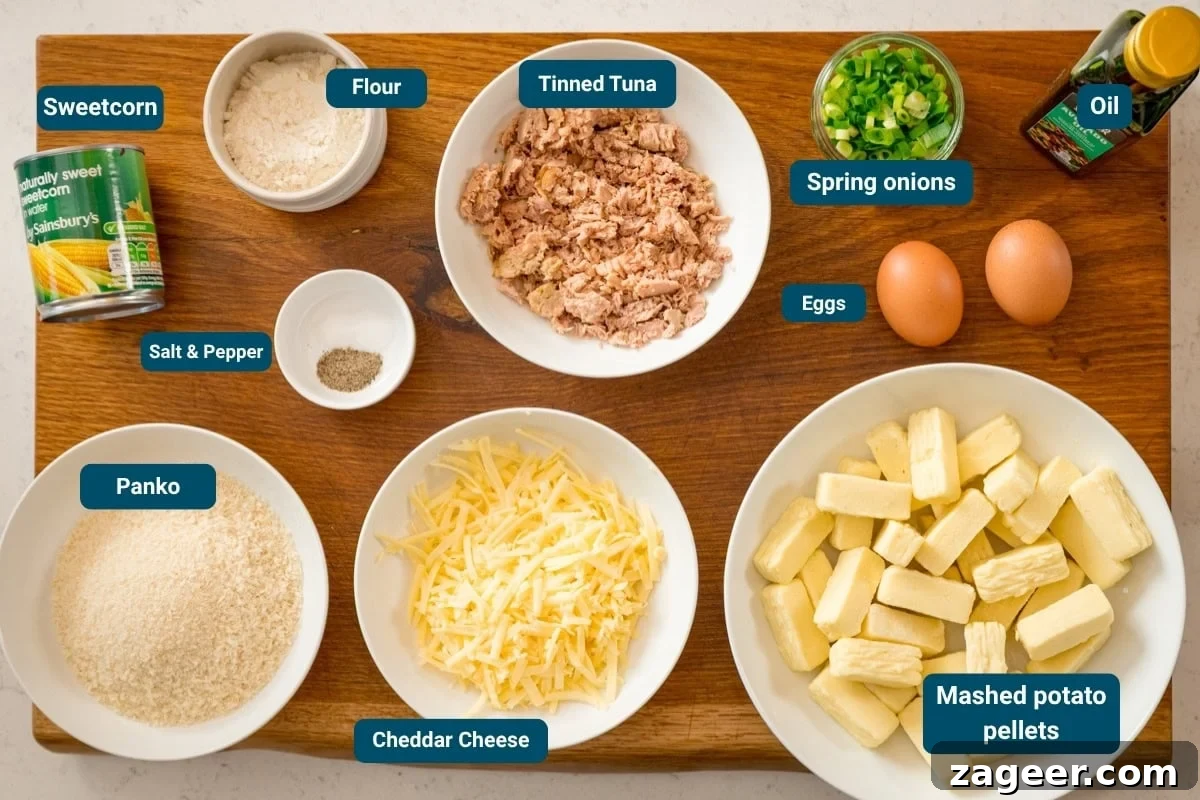 Crispy Tuna Fish Cakes with Lemon-Dill Sauce 4 A wooden board displays ingredients in bowls and plates: tinned tuna, flour, sweetcorn, oil, eggs, mash pellets, cheddar cheese, spring onions, panko breadcrumbs, and salt & pepper.