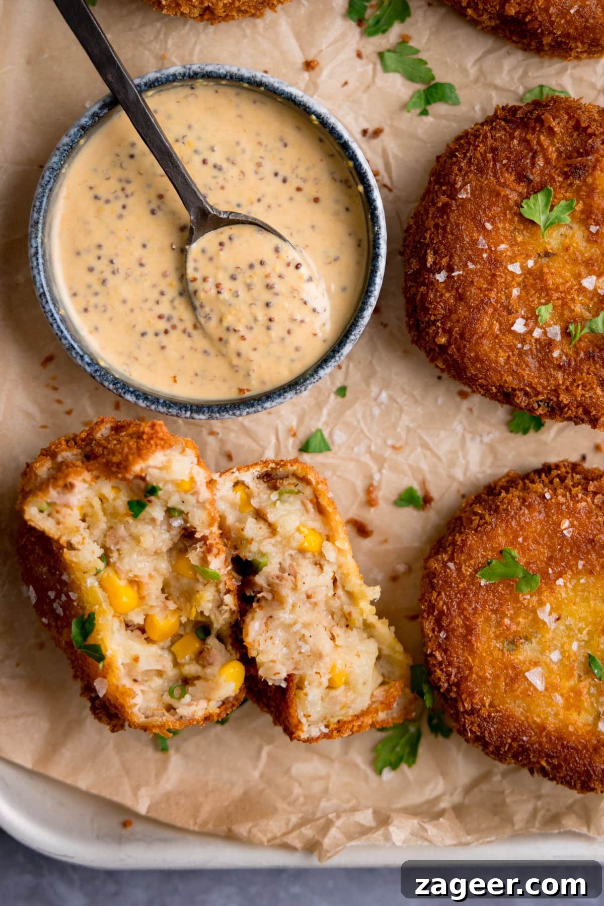 Crispy Tuna Fish Cakes with Lemon-Dill Sauce 6 Four golden-brown tuna fish cakes rest on baking parchment beside a small bowl of creamy sauce; one is cut open, showing sweetcorn and fresh herbs inside.