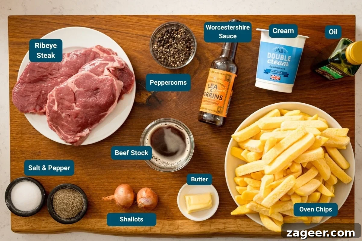 Steak Fries with Creamy Peppercorn Sauce 4 A wooden board displays labelled ingredients steaky chips - ribeye steak, chips, double cream, oil, shallots, butter, Worcestershire sauce, beef stock, peppercorns, salt and pepper.
