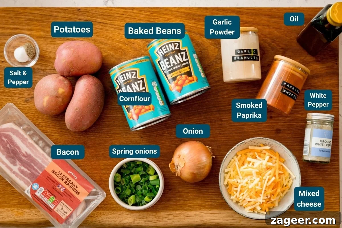 Crispy Potato and Bacon Hash Recipe for Breakfast or Brunch 4 A wooden surface with labelled ingredients: potatoes, baked beans, cornflour, spring onions, onion, bacon, mixed cheese, smoked paprika, white pepper, garlic powder, oil, salt and pepper.