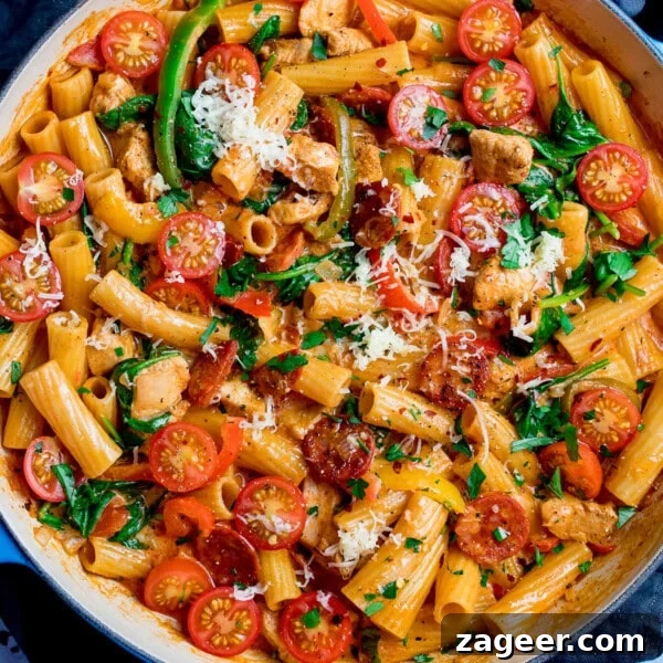 Creamy Ham and Spring Pea Risotto Recipe 10 A frying pan filled with rigatoni pasta, cherry tomatoes, spinach, and tender Cajun chicken pieces.