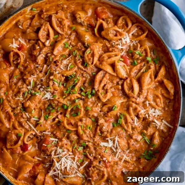 Creamy Ham and Spring Pea Risotto Recipe 11 Close up overhead image of one-pan bolognese in a pan