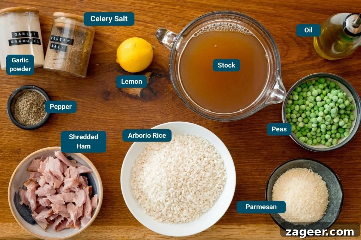 Creamy Ham and Spring Pea Risotto Recipe 4 Overhead view of ingredients for Ham and Pea Risotto on a wooden board.
