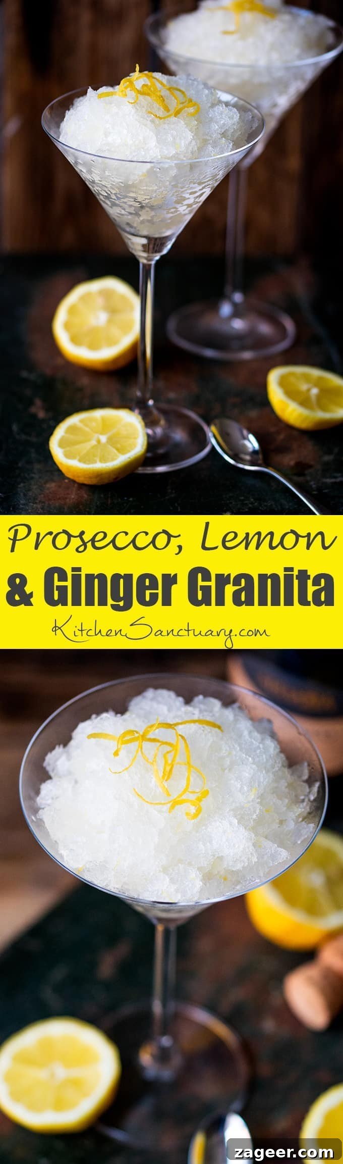 Prosecco Lemon and Ginger Sorbet. A seriously refreshing boozy dessert - perfect for a hot summers day.