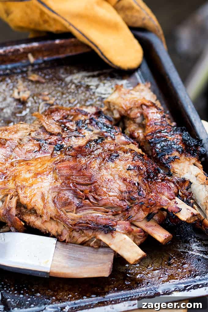 Sticky Slow-Cooked BBQ Ribs You Can Make at Home 3 Tray with rack of bbq cooked ribs. Basting brush in foreground,