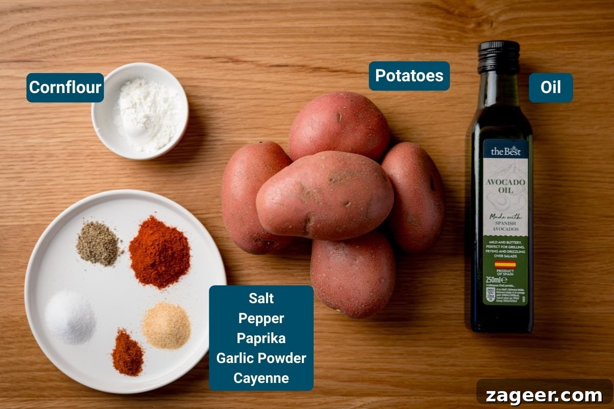 Crispy Oven-Baked Potato Wedges Recipe for Perfectly Seasoned Slices 4 Ingredients for crispy potato wedges on a wooden surface. All ingredients are labelled, including: Cornflour, potatoes, a bottle of avocado oil and a plate with salt, pepper, paprika, garlic powder, and cayenne.