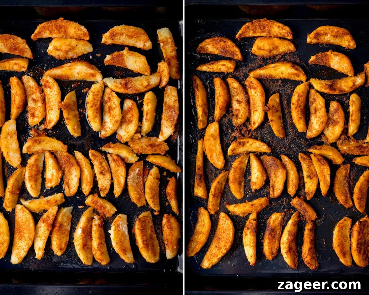 Crispy Oven-Baked Potato Wedges Recipe for Perfectly Seasoned Slices 5 Side-by-side comparison of Crispy Potato Wedges on a baking tray before cooking (left) and after baking to a golden brown, crispy finish (right).