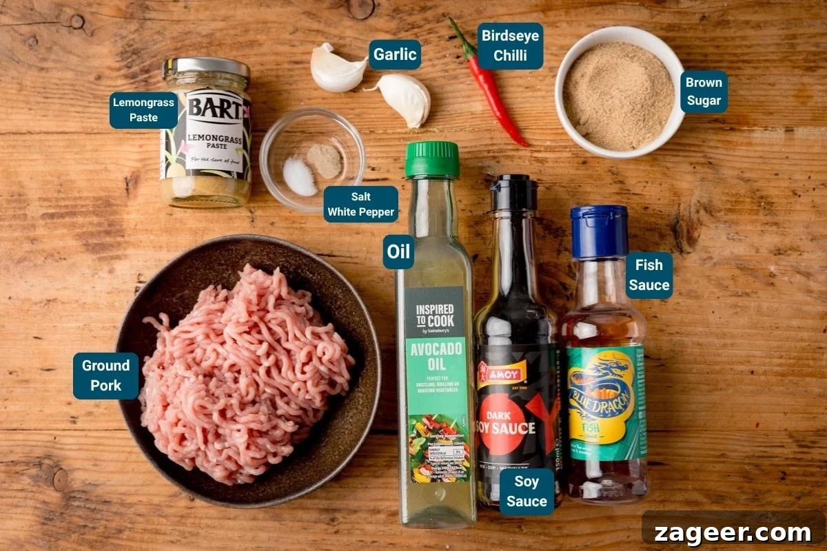 Spicy Pork Curry Ramen Recipe for Bold Flavor 4 A top-down view of ingredients on a wooden table for spicy ground pork, including: pork mince, avocado oil, soy sauce, fish sauce, brown sugar, bird's eye chilli, garlic, lemongrass paste, salt, and white pepper. All ingredients are labelled.